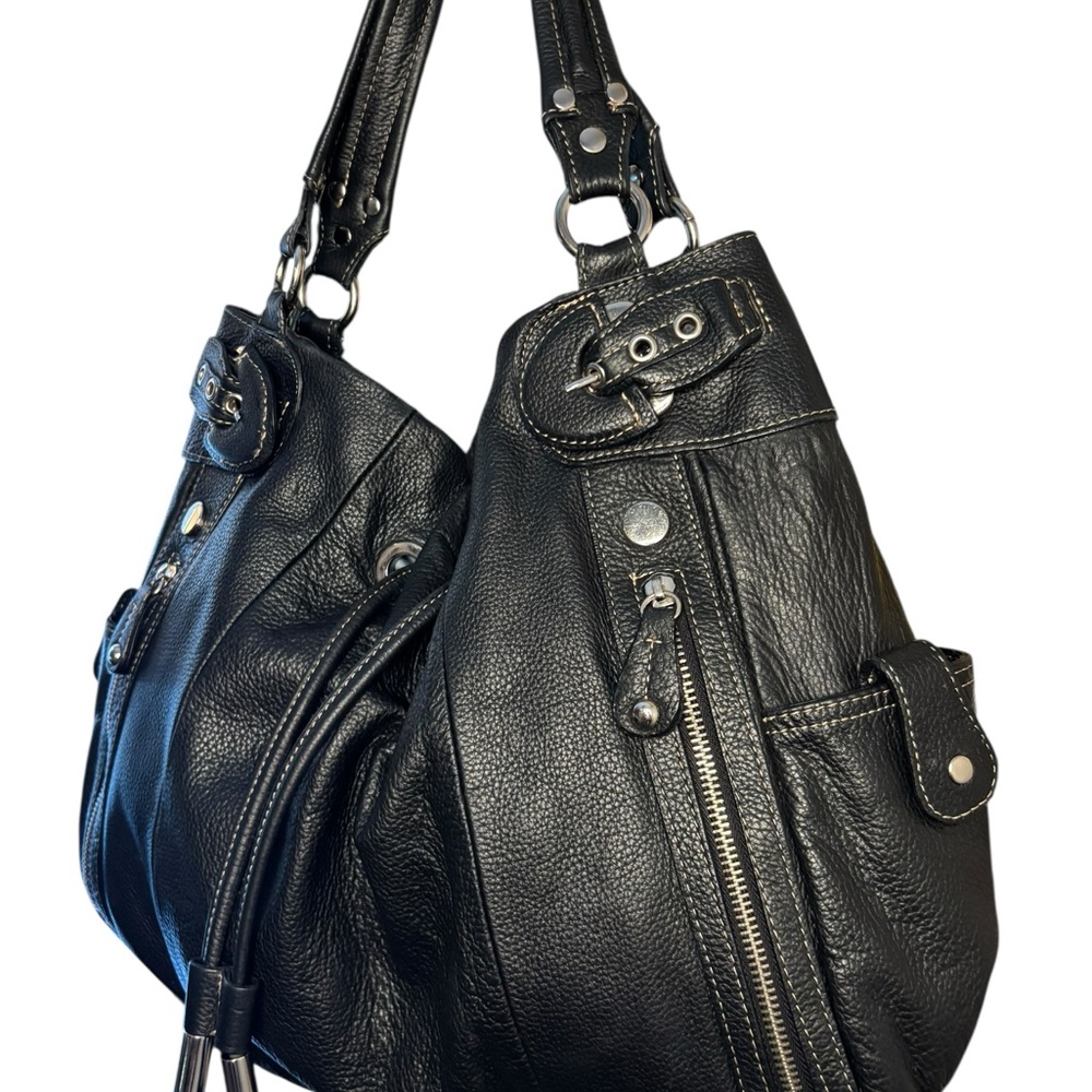 Hype Black Pebbled Leather Slouch Satchel Drawstring Buckle Y2K Shoulder Bag - Picture 4 of 11